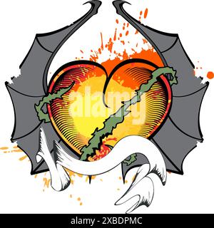 Geflügelte Herz Band Tattoo Aqua Farben Aufkleber im Vektorformat Stock Vektor