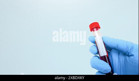 Blutprobe in einem Reagenzglas, das ein Arzt hält, horizontales Banner mit Kopierraum , Gesundheit und medizinisches Konzept Stockfoto
