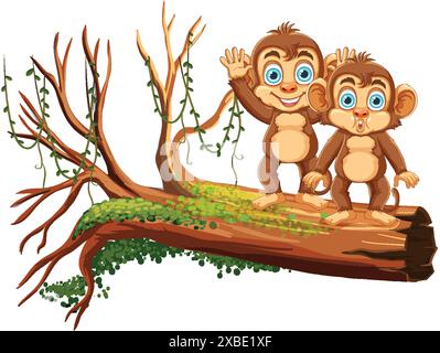 Zwei Affen stehen auf einem umgestürzten Baum Stock Vektor