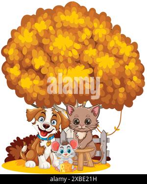 Hund, Katze und Maus zusammen unter einem Baum Stock Vektor