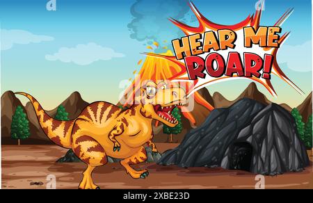 Dinosaurier brüllen mit Vulkan im Hintergrund Stock Vektor
