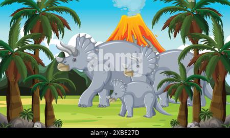 Dinosaurier, die in der Nähe eines Vulkans und Palmen spazieren Stock Vektor