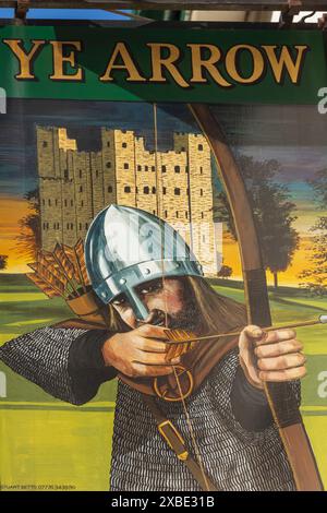 England, Kent, Rochester, YE Arrow Pub Schild mit Rochester Castle und Medieval Archer Stockfoto