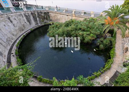 Der Brunnen von Arethusa auf der Insel Ortygia, eine natürliche Süßwasserquelle an dem Ort, an dem sich die Nymphe Arethusa nach der griechischen Mythologie versteckt hat. Stockfoto