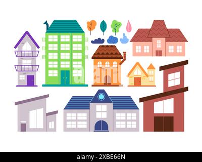 Set verschiedene Haus Wohngebäude Haus gemütliche Anlage mit Baum und Busche natürliche Umwelt Sammlung Stock Vektor