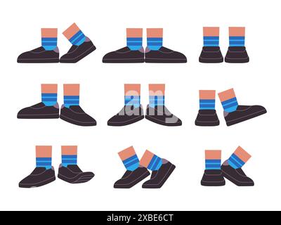 Set schwarze Farbe Schuhe Bein Bewegung Position Ansicht Schuhe Freizeit Mode Stil Sammlung von Stufen Füße Stock Vektor