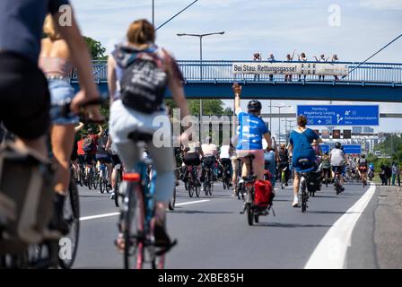 Fahrradfahrer bei der jährlichen Fahrrad-Sternfahrt des Allgemeinen Deutschen Fahrrad Clubs ADFC durch Berlin - mit der Sternfahrt unter dem Motto alle auf s Rad fordern tausende Fahrradfahrer mehr Sicherheit für Radfahrende im Straßenverkehr und einen Ausbau der Radverkehrswege. Die Radfahrer befahren auch die Berliner Stadtautobahn. / Radfahrer bei der jährlichen Fahrradrallye des Allgemeinen Deutschen Fahrrad Clubs ADFC durch Berlin - bei der Rallye unter dem Motto alle auf ihren Fahrrädern fordern Tausende von Radfahrern mehr Sicherheit im Straßenverkehr und einen Ausbau der Radwege. Stockfoto