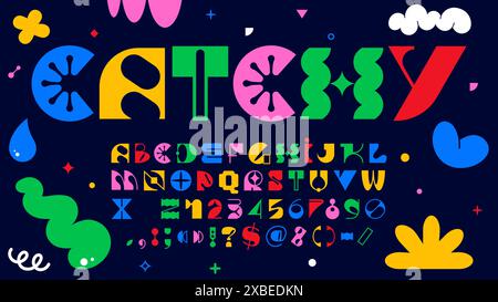 Moderne brutale Schrift oder geometrische Schweizer Schrift und abstrakte Y2K-Schrift, Vektor-englisches Alphabet. Kreative moderne brutale Schriftart mit farbenfrohen Buchstaben in geometrischen Cartoonformen, moderne kreative ABC-Schriftart Stock Vektor