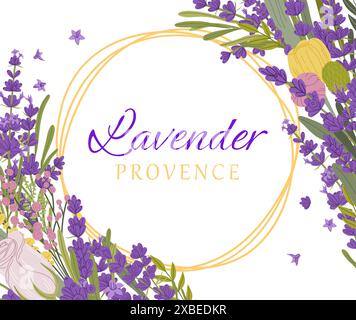 Rahmen mit Lavendelblumen. Vektor-Hintergrund für Hochzeitseinladung oder Grußkarte mit einem zentralen goldenen Kreis umgeben von charmanten, zarten Blüten und Laub mit elegantem Schriftzug im Provinzstil Stock Vektor