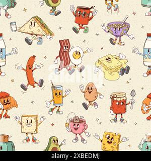 Nahtloses Muster für groovige Frühstücksfiguren im Retro-Look. Vektor-Fliesenhintergrund mit Sandwich, Kaffeetasse, Speck, Ei, Saft, und Butter. Wurst, Haferbrei Schüssel Teetasse und Käsescheibe mit Toast Stock Vektor