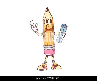 Grooviger Schulstift mit funky Gesicht, Comic Retro Vektor lustige Charakter. Zurück zur Schule Schreibwaren und Bildung grooviger Charakter eines Bleistifts mit Radiergummi in Gentleman-Fliege mit OK Happy Smile Stock Vektor