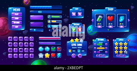 Galaxy Space Spieloberfläche, Schaltfläche und Bedienfeld, Ladebalken Asset. Vektormenü, Spielen, Einkaufen, Optionen und Exit-Tasten, Fortschrittsbalken, Sterne, Herzen, Münzen. UI-Elemente auf Sternenhintergrund mit Planeten Stock Vektor