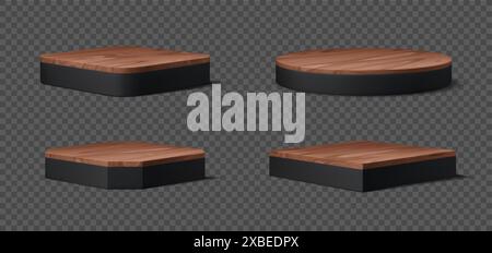 Schwarzes Podium mit Holzbühne. Vektorset mit eleganten Szenen mit polierten Holzplatten in geometrischen Formen. Standfüße für Ausstellung, Produktpräsentation und verbesserte Sichtbarkeit und Präsentation Stock Vektor