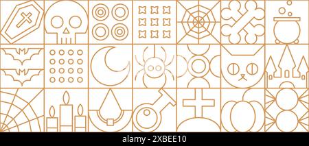 Halloween Moderne Linie geometrisches Muster. Textil einfache Ornament Textur, abstrakte Halloween Tapete oder geometrische Vektormuster mit dünner Linie Sarg, Schädel, Spinnennetz, Knochen, Fledermaus und Katze, Schloss Stock Vektor