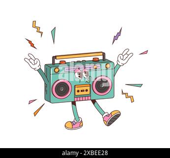 Retro-Groovige Tonbandaufzeichnungsfigur. Eine isolierte Vektor-Boombox-Persönlichkeit in Sneakers und Handschuhen, lächelt und hebt beide Arme in Rock-Schildern und hüpft zum Takt der altmodischen Melodien Stock Vektor