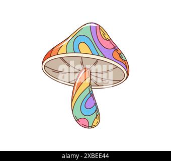 Retro-Hippie-Symbol mit groovigen Pilzen. Isolierter Cartoon-Vektor-Amanita oder Fliegenpilz mit farbenfrohen, psychedelischen Mustern mit lebendigen Wirbeln, abstrakten Formen und hellen Farben auf der Kappe und dem Stiel Stock Vektor