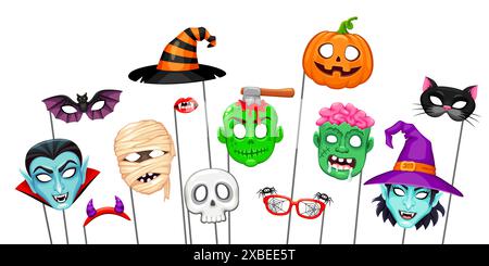 Halloween-Masken mit Requisiten für Fotokabine. Isolierter Vektor Set Zeichentrickfilm Hexenhut und Gesicht, Vampir, Mumie und Kürbis. Fledermaus, Teufelshörner, Schädel und Monsterlippen. Zombie mit Axt im Gehirn und Katzenkopf Stock Vektor