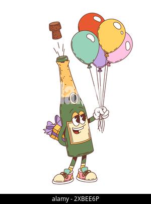 Retro-prickelnder Feiertags-Sektcharakter. Isolierte Cartoon Vektor Champagner Flasche Vintage Stil Persönlichkeit hält bunte Ballons und Geschenkbox, platzen den Korken, feiern festliche Veranstaltung Stock Vektor