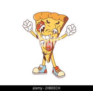 Retro-groovige Pizzascheiben. Isolierte Cartoon Vektor Spaß Fast Food Pizzeria Person mit einem Lächeln, Pilzen, Peperoni und Käse, trägt farbenfrohe Sneaker und verkörpert eine fröhliche, energiegeladene Atmosphäre Stock Vektor