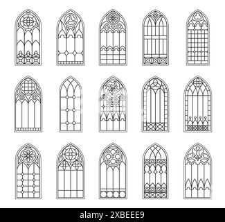 Katholische gotische Kirchenfenster. Mittelalterliche Burg mit Buntgläsern. Isolierte Vektorumrisse Bögen schwarze Silhouetten. Vintage-Rahmen, Innenausstattung der Kathedrale traditionelle europäische Architekturelemente Stock Vektor