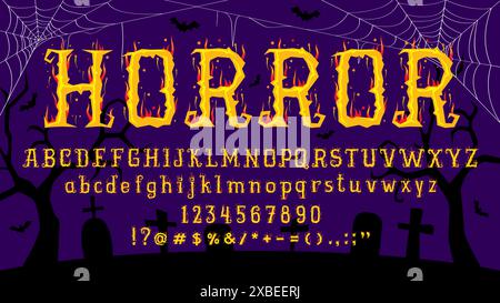 Halloween Schriftart, Horror-Typ. Gruselige, von Flammen inspirierte Schriftart, Groß- und Kleinbuchstaben, Zahlen und Symbole auf dunkelviolettem Hintergrund mit Spinnweben, Nachtfriedhof und Fledermaussilhouetten Stock Vektor