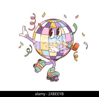 Groovige Party-Disco-Ball-Figur im Retro-Look. Isolierter Comic Vektor funky Discoball mit Rollschuhen, Partyhorn und Konfetti, die mit fröhlichem Ausdruck feiern und Spaß und Energie des Disco-Tanzes einfangen Stock Vektor