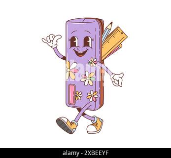 Groovige Retro-Zeichentrickfilm Schulstift oder Bleistiftbox Charakter mit funky Gesicht, Vektor lustige Schreibwaren. Zurück zur Schule Bildung grooviger Retro-Zeichentrickcharakter aus Bleistiftetui mit Lineal und Gänseblümchen Stock Vektor