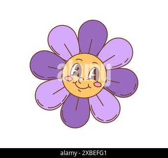 Retro-Cartoon groovige Gänseblümchenblume. Isolierter Vektor lebendige, lustige Blüte mit bunten Flieder- und violetten Blütenblättern. Die süße Sommergartenblüte mit einem lächelnden Gesicht erinnert an den Geist der 60er und 70er Jahre Stock Vektor