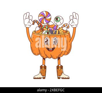 Cartoon Retro grooviger Halloween Kürbis als Süßigkeiten Eimer, Vektor funky Comic Charakter. Grooviger lustiger Kürbis mit fröhlichem Gesicht und Monster Bonbons für Halloween-Feiertags-Trick oder -Treat-Partycharakter Stock Vektor