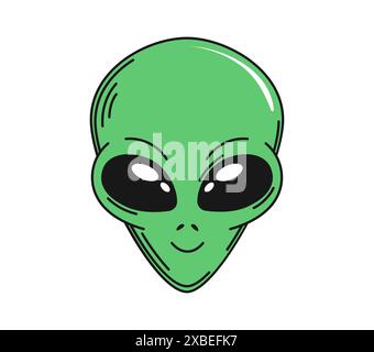 Retro-grooviger Alien Space Charakter Gesicht oder Kopf mit großen schwarzen Augen und einem kleinen, freundlichen Lächeln. Isolierte Karikaturvektor-freundliche außerirdische Wesen, Eindringling und Persönlichkeit mit grüner Haut Stock Vektor