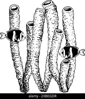 Unterwasserkomposition mit Korallenriffkorallen und exotischen Wolkenanemonenfischen. Handgezeichnete Vektorillustration isoliert auf weiß. Grafische Skizze Stock Vektor