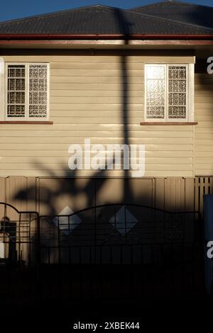 Vorstadt-Nachkriegswetterhaus, Frontzaun, Palmenschatten, Flügelfenster opak strukturierte Glasfenster in voller Sonne, Carina, Brisbane Stockfoto
