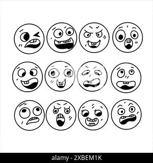 Hässliche Gesichter mit schlechten Emotionen. Handgezeichneter Doodle-Stil. Vektorillustration isoliert auf weiß. Ausmalseite Stock Vektor