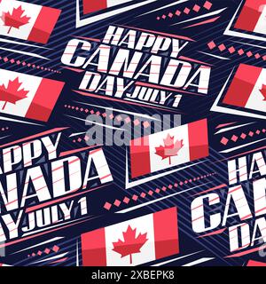 Nahtloses Muster des Vektors für Canada Day, quadratischer Hintergrund mit Illustration der kanadischen Flagge mit rotem Ahornblatt und dekorativen Streifen, Plakat mit Stock Vektor