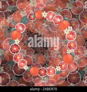 Ein lebendiges Kreismuster zeigt Zitrusfrüchte, Blumen und Lichteffekte auf einem dunklen Hintergrund in einem faszinierenden fraktalen Design Stockfoto