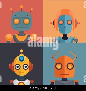 Vektorsatz von Porträts verschiedener Roboter. Sammlung von android-Maskottchen. Quadratische, flache Illustrationen von kindlichem Cyborg-Spielzeug für Ikone Stock Vektor