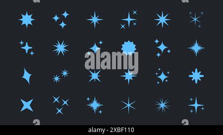 Retro futuristische Kollektion mit bunten Vektorblauen Icons. Set mit originalen Sternenformen. Abstraktes Glanzeffekt-Vektorzeichen. Lichteffekt, TW Stock Vektor