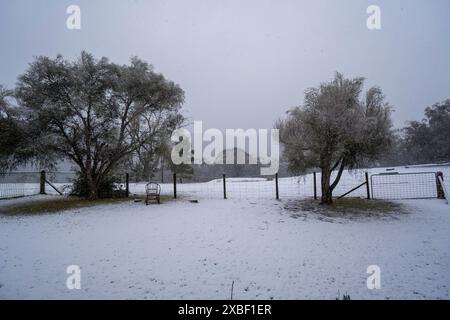 Schnee auf einer Farm im australischen Outback Stockfoto