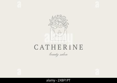 Monochrom feminin Porträt botanischen Kranz Frisur Dreieck Rahmen minimalistisch Linie Kunst Logo Vektor Illustration. Einfache Frau Kopf abstrakte natura Stock Vektor