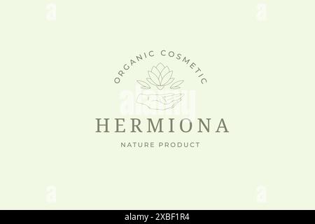 Esoterische Frau Hände halten natürliche Lotusblume minimalistischen Logo mit Platz für Text Vektor Illustration. Achtsamkeit spirituelles Emblem Spa Pflege entspannen Stock Vektor