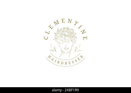 Monochrome Frau Kopf blühenden floralen Dekoration Frisur Markenidentifikation mit Platz für Text Logo Vektor Illustration. Minimalistischer, einfacher Garten Stock Vektor