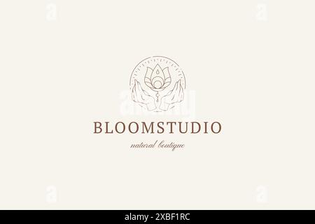 Helle minimalistische Logo menschliche Hände halten natürliche esoterische Lotusblume spirituelle Logo Vektor Illustration. Line Art monochrom Emblem Spa Entspannung Stock Vektor