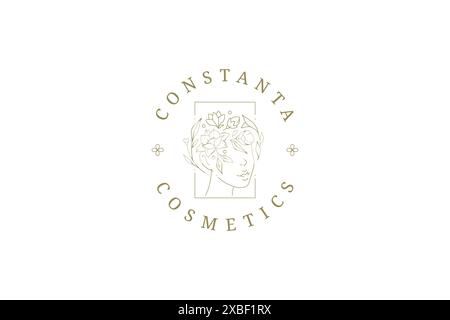 Elegante weibliche Kopf abstrakt botanische Blüte Frisur Porträt Rechteck Rahmen Visitenkarte minimalistisch Logo Design Vektor Illustration. Romantisches B Stock Vektor