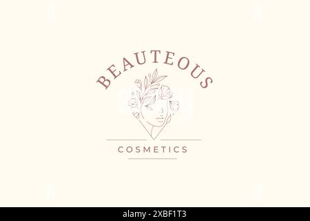 Romantische Frau Blüte Porträt Dreieck Rahmen minimalistischen Logo Marke Identifizierung Vektor Illustration. Elegante blühende Schönheit weibliche Wildblume wre Stock Vektor