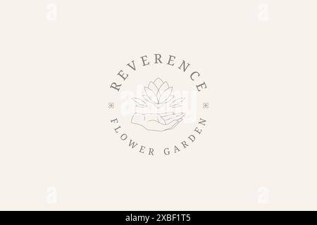 Zarte einfarbige natürliche Lotus in menschlichen Händen Kreis Logo mit Platz für Text Vektor Illustration. Minimalistische spirituelle botanische Blume entspannen medi Stock Vektor