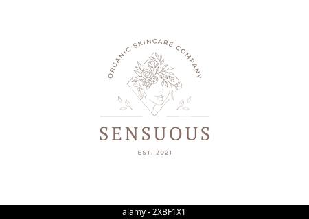 Abstrakt botanischen Frau Kopf Blüte Blumenkranz minimalistischen Dreieck Rahmen und Tempo für Text Logo Vektor Illustration. Monochrome Mode weiblich em Stock Vektor