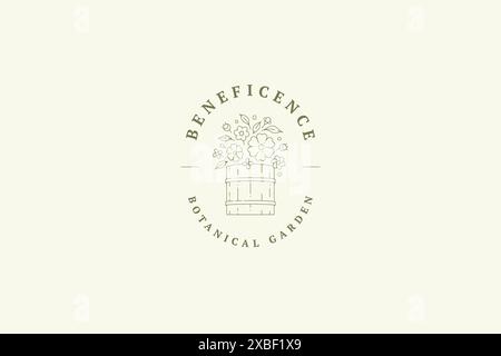 Rustikale Wildblume im hölzernen Eimer Kreis ornamental elegante minimalistische Logo Vektor Illustration. Einfarbige Wiese Wildblumenstrauß Frühling Bio Stock Vektor