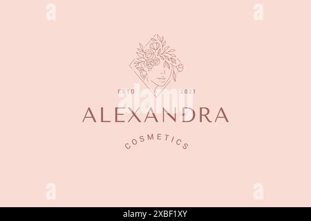 Minimalistische lineare Frau Blume Frisur Porträt Frühling Blüte organische monochrome Logo Vektor Illustration. Einfache weibliche Blütenblüte dekorative de Stock Vektor