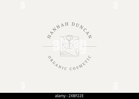 Menschliche Hand hält natürliche organische Lotus Achtsamkeit spirituelle Yoga Meditation quadratischer Rahmen Logo Vektor Illustration. Minimalistische Frühlings-Tulpenblüten Stock Vektor