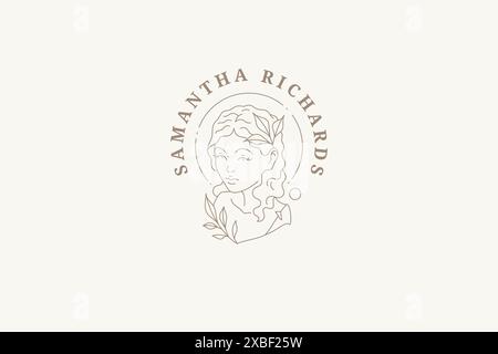 Mittelalterliche weibliche Büste romantische Frisur mit Blüte botanische Dekor Linie Art Logo Vektor Illustration. Schönheit elegante Frau alte Statue natürliche Fl Stock Vektor